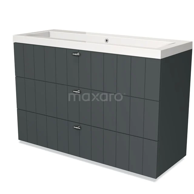 Dark grey bathroom furniture set with three drawers and a white basin, modern design and vertical line structure.