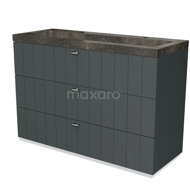 Dark grey bathroom furniture set with three drawers, a double basin and a modern design, ideal for stylish bathrooms.