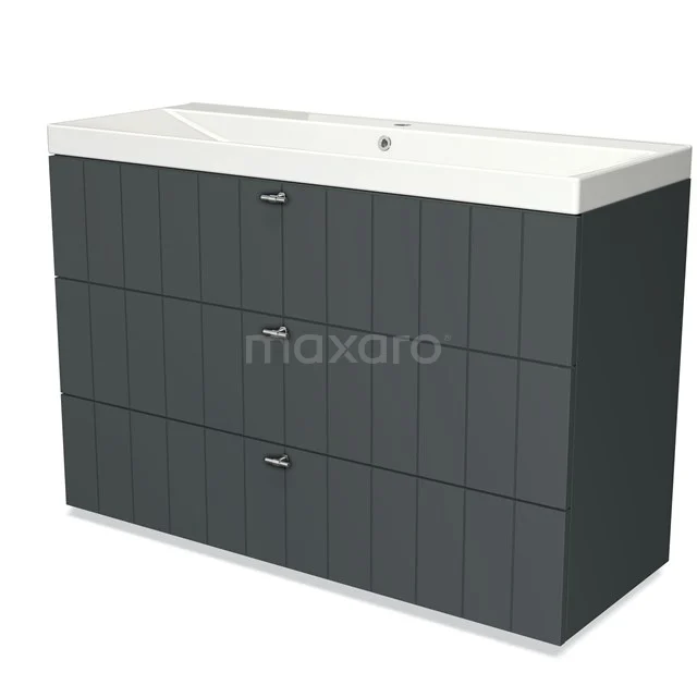 Dark grey bathroom furniture set with three drawers and a white ceramic basin worktop, modern design.