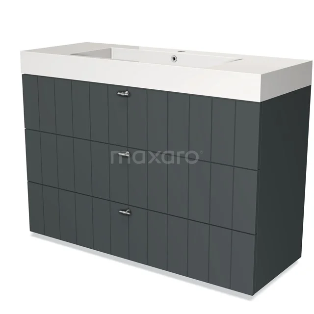 Grey bathroom unit with built-in vanity units with basin, modern vertical lines, three spacious drawers and high-quality materials.