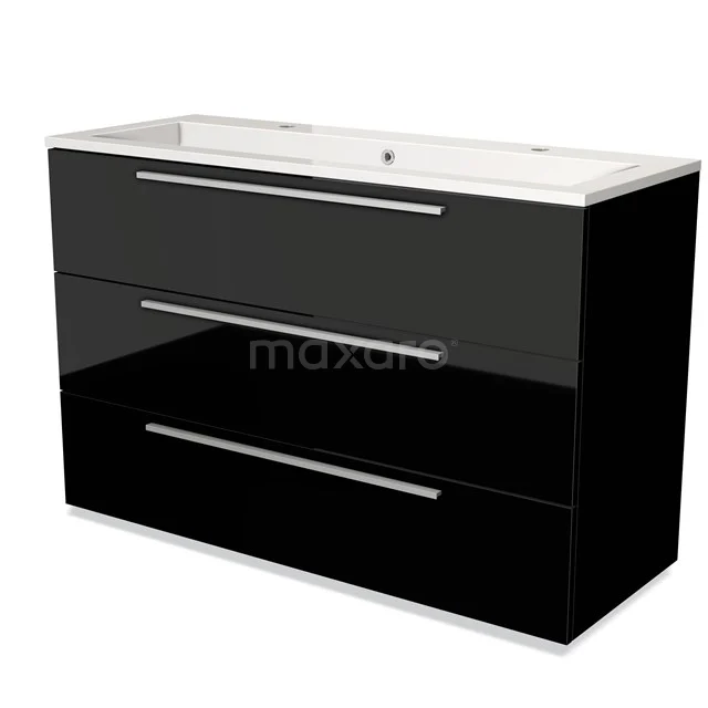 Black glossy bathroom unit with three drawers, modern design, fitted with a white basin and sleek metal handles.