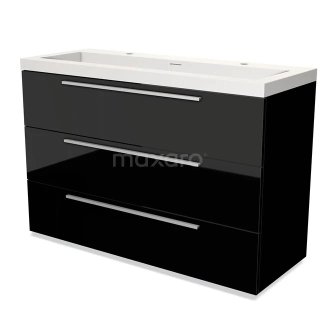 Black glossy bathroom unit with white basin worktop, three drawers and sleek chrome handles.