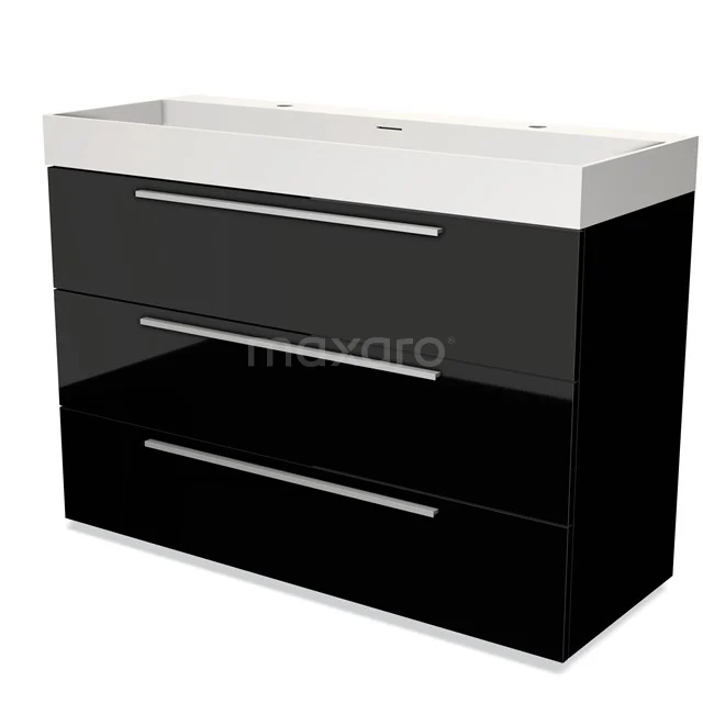 Modulo Bathroom furniture with sink | 120 cm High-gloss black Flat front Solid surface 3 drawers BMW19-01804 Black bathroom cabinet with glossy finish, three drawers and white basin; modern design for a stylish bathroom.