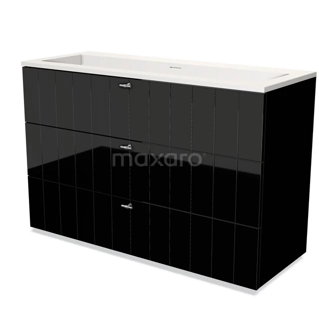 Black glossy bathroom furniture set with ceramic basin, sleek design and two spacious drawers for storage space.