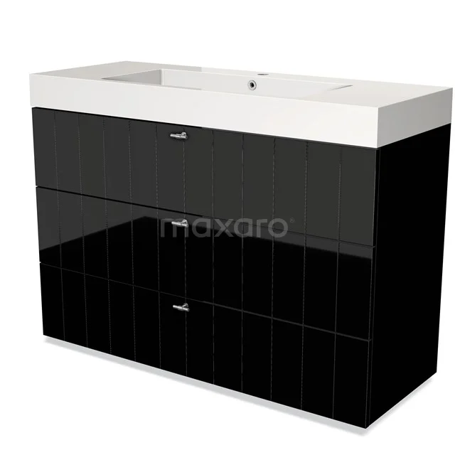 Black glossy bathroom unit with double sink, modern look, sleek finish and chrome handles.