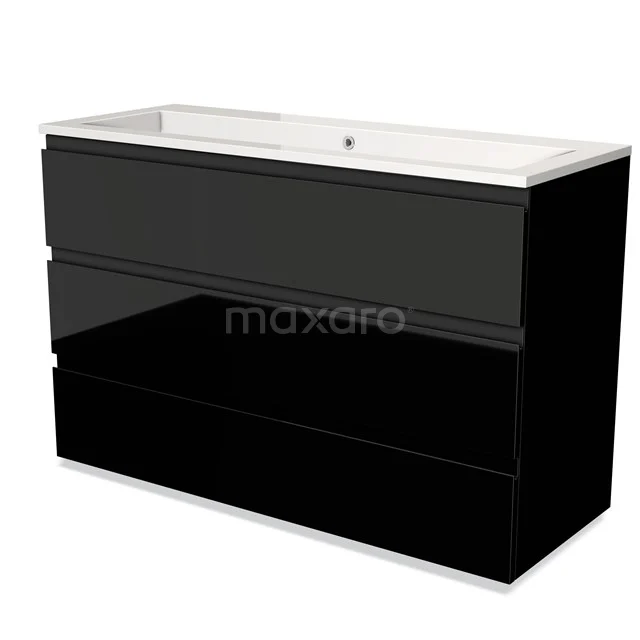Black glossy bathroom furniture set with three drawers, built-in white basin and sleek modern design.