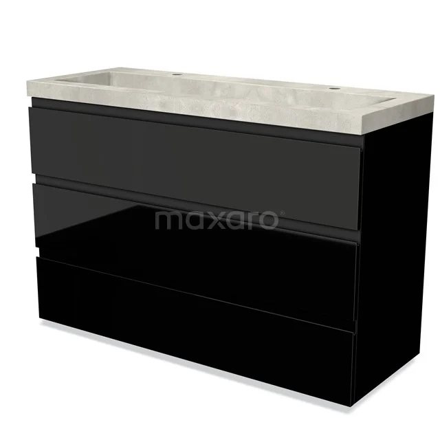 Modulo Bathroom furniture with sink | 120 cm High-gloss black Handle-less front Concrete 3 drawers BMW19-01832 Black bathroom furniture set with three drawers and a light grey basin worktop, modern design made of high-gloss black materials.