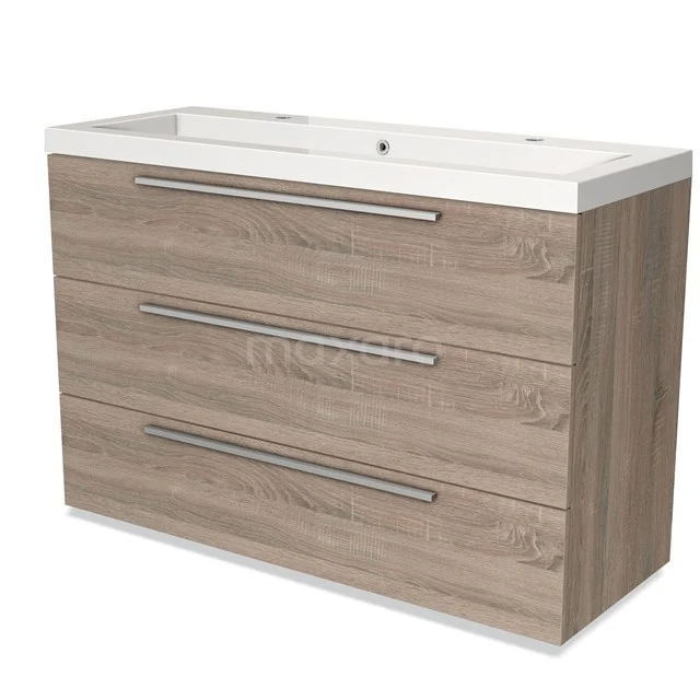 Wooden bathroom unit with basin, three drawers and modern metal handles, ideal for a stylish and practical bathroom.