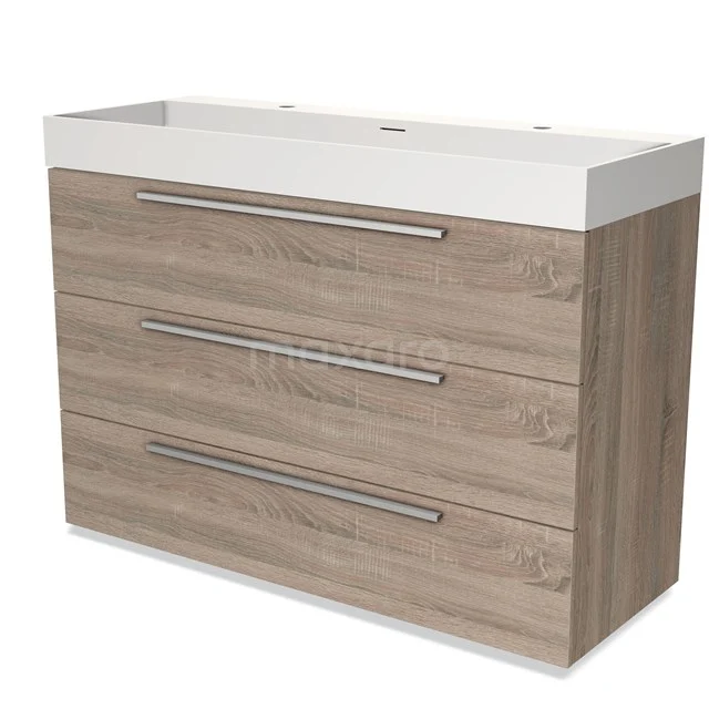 Modulo Vanity units with basin | 120 cm Oak Flat front Solid surface 3 drawers BMW19-01843 Wooden bathroom unit with three drawers and white basin; modern design, ideal for stylish bathroom storage.