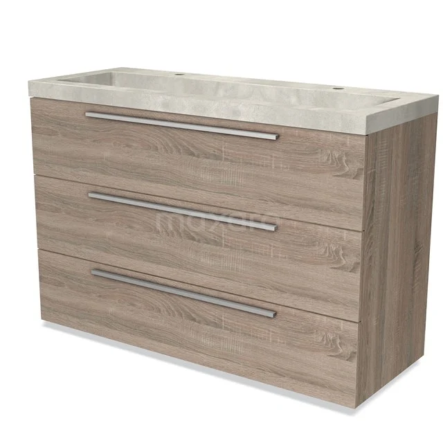 Badmöbel 120cm Modulo Eiche 3 Schubladen Flaches Waschbecken Beton BMW19-01845 Holz Badezimmermöbel mit drei Schubladen, Naturlook, eleganten Metallgriffen und einer Kunststoff Waschtischplatte mit grauem Marmor-Muster.