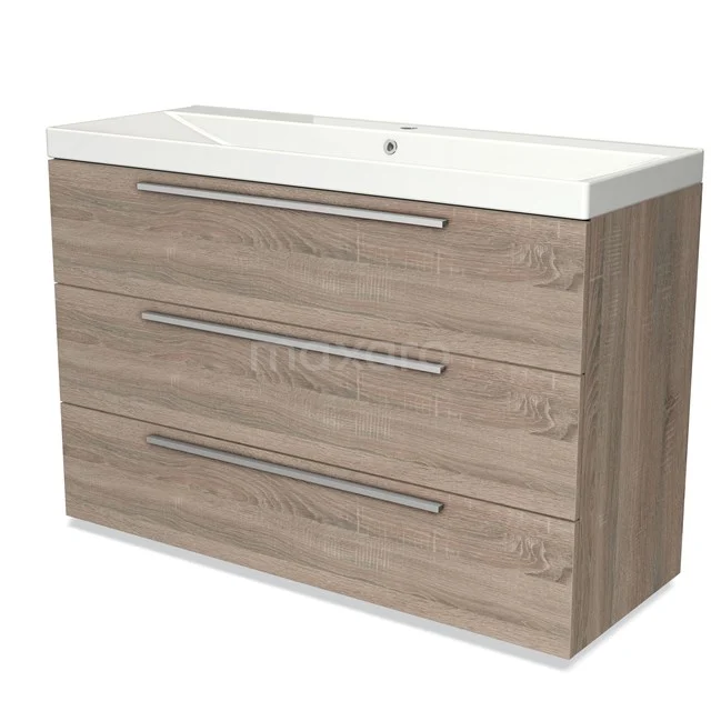 Wooden bathroom unit with three drawers, light oak colour and metal handles, including integrated vanity units with basin.