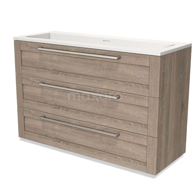 Wooden bathroom unit with light oak look, three spacious drawers and an integrated white vanity units with basin.