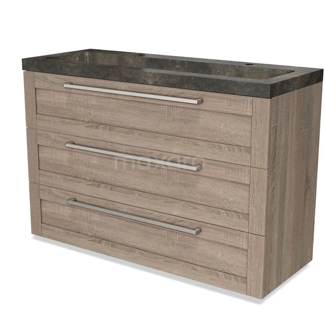 Wooden bathroom unit with 3 drawers, modern design, grey granite basin worktop and sleek metal handles.