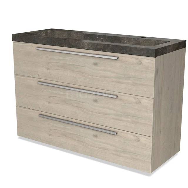 Wooden bathroom unit with three drawers, black natural stone basin worktop, modern design. Perfect for a stylish bathroom upgrade.