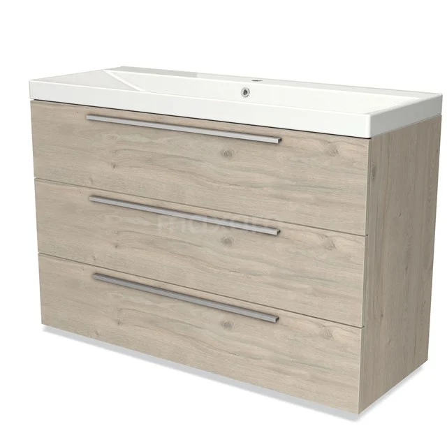 Wooden bathroom unit with three drawers, light oak colour, modern design, including white ceramic basin and metal handles.