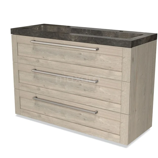 Wooden Bathroom unit with marble vanity units with basin, three drawers and silver handles, ideal for stylish bathrooms.