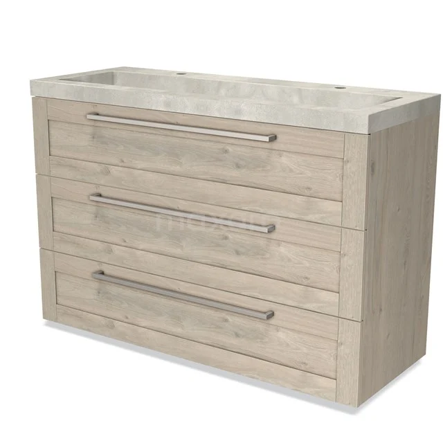 Modulo Vanity units with basin | 120 cm Light grey oak Frame front Concrete 3 drawers BMW19-01884 Wooden bathroom unit with three drawers, light oak design and built-in white basin, ideal for a modern bathroom.