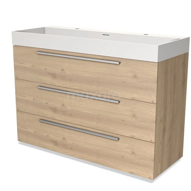 Wooden vanity units with basin, 3 drawers and metal handles, light Oak colour, modern design.