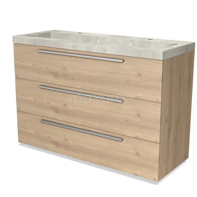 Holz Badezimmermöbel mit Marmor Waschbecken, dreifache Schubladen und stilvolle Haltegriffe; modernes und praktisches Design.