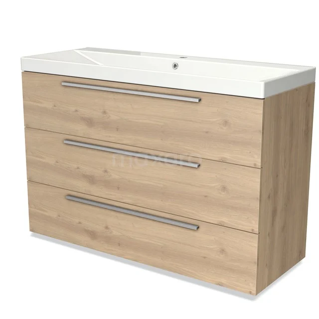 Wooden Bathroom unit with 3 drawers, Oak look, integrated vanity units with basin and metal handles, suitable for modern bathrooms.