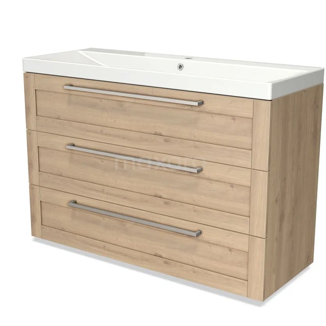 Modulo Vanity units with basin | 120 cm Light brown oak Frame front Ceramic 3 drawers BMW19-01911 Wooden bathroom unit with three drawers, white vanity units with basin and modern handles; ideal for stylish bathroom storage.
