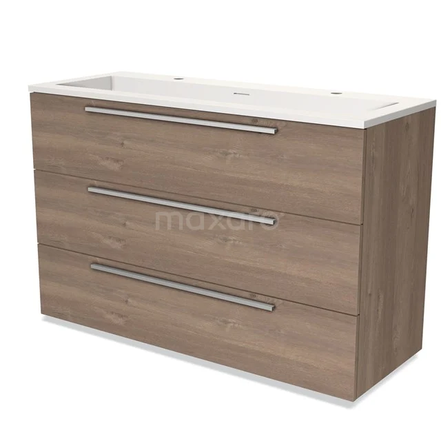 Wooden Bathroom unit with built-in vanity units with basin, three drawers and metal handles in Oak look, ideal for modern bathrooms.