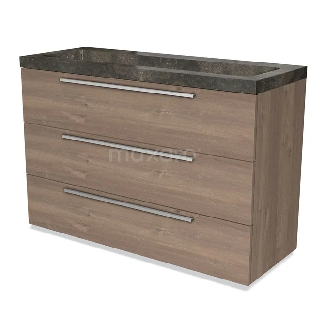 Brown wooden bathroom unit with three drawers, natural stone basin worktop and silver handles, modern and sleek design.