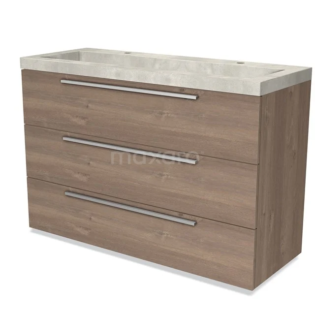 Wooden bathroom unit with three drawers, natural wood look, integrated vanity units with basin, modern and sleek design.