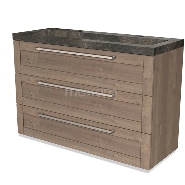 Wooden bathroom unit with three drawers, natural stone basin worktop and modern handles, perfect for a stylish bathroom.