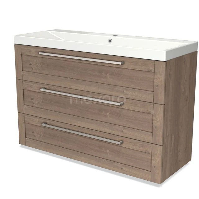 Wooden vanity unit with three drawers, white ceramic basin, suitable for modern bathrooms, luxurious finish.