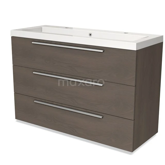 Brown wooden Bathroom unit with three drawers and white vanity units with basin, ideal for a modern bathroom design.
