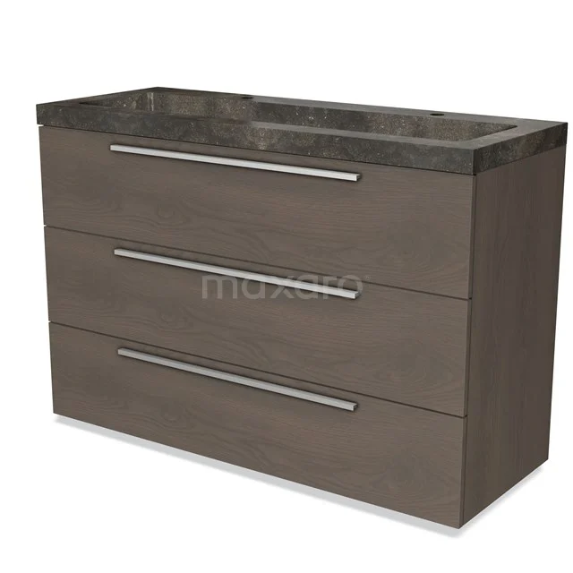 Wooden bathroom unit with dark marble vanity units with basin, three wide drawers and metal handles, modern design.