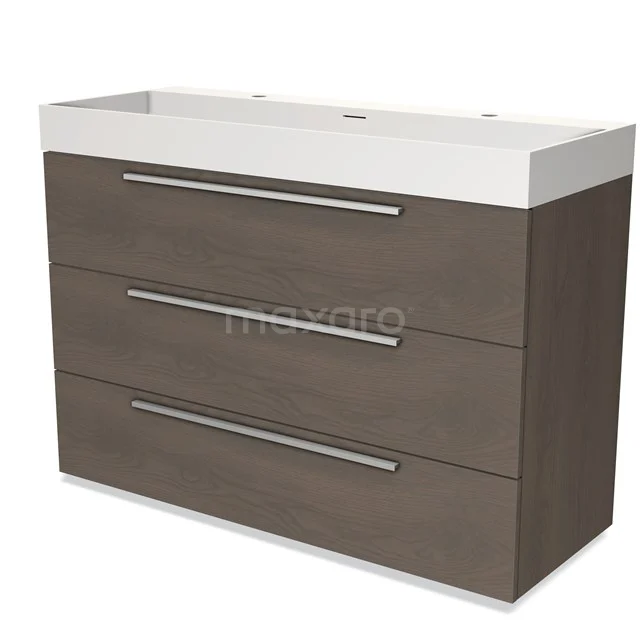 Wooden bathroom unit with three drawers, stylish handles and white vanity units with basin, ideal for modern bathroom design.