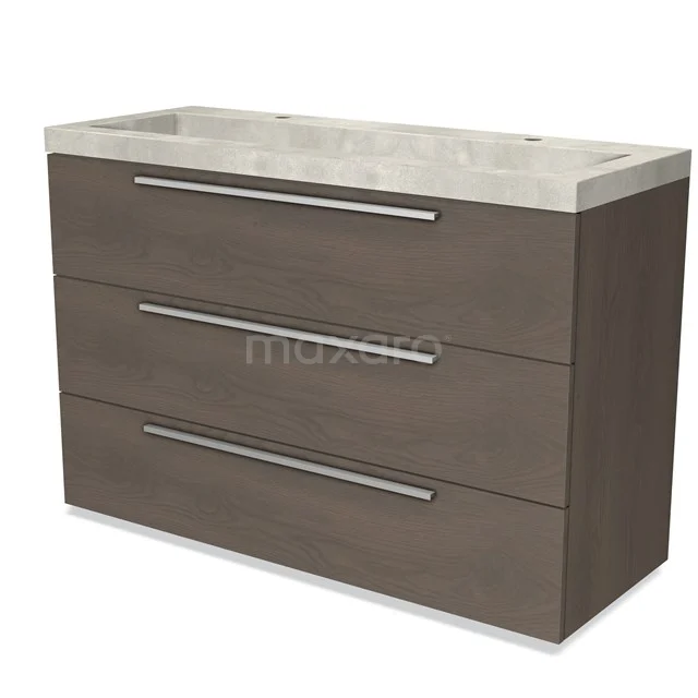 Wooden bathroom unit with three drawers, modern handles and a marble basin; stylish and functional for any bathroom.