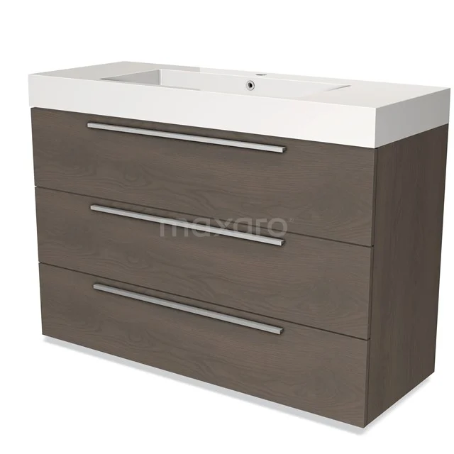 Wooden bathroom unit with white vanity units with basin, three drawers and modern handle; stylish design for any bathroom.