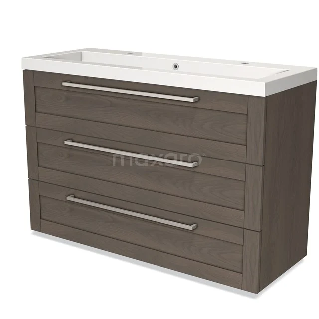 Wooden bathroom unit with drawers, modern design, dark brown oak look, including white ceramic basin.