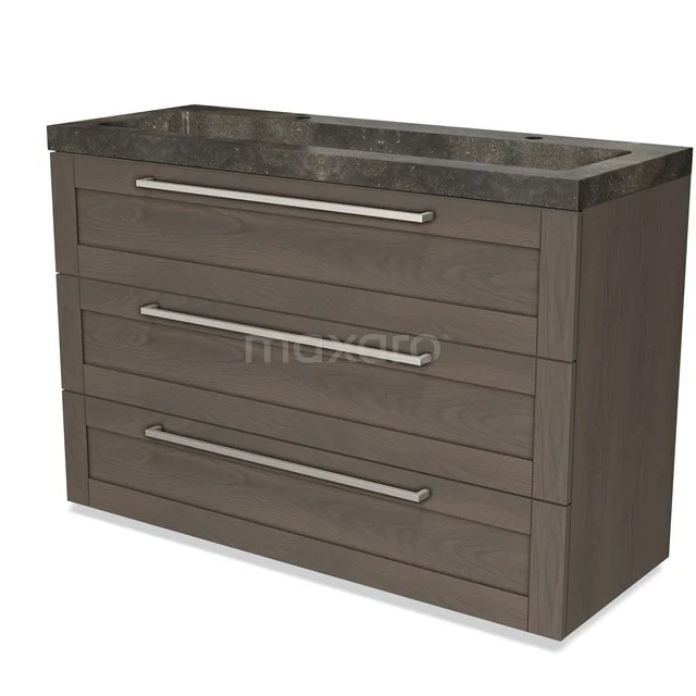 Grey wooden bathroom furniture set with three wide drawers and a dark natural stone basin, ideal for modern bathroom design.