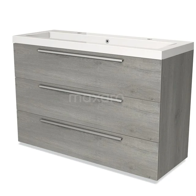 Grey Bathroom vanity unit with three drawers, sleek design, wood-look finish, including integrated white basin.