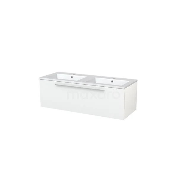 Modulo+ Vanity units with basin | 120 cm High-gloss white Flat front Mineral marble 1 drawer BMP005374 White double vanity unit with sleek design, metal handle and ceramic sink, ideal for modern bathrooms.