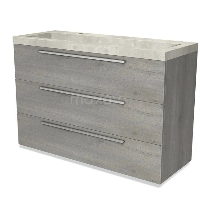 Modulo Bathroom furniture with sink | 120 cm Grey oak Flat front Concrete 3 drawers BMW19-01975 Grey wooden bathroom unit with three drawers, metal handles and a marble vanity units with basin from the modern luxury series.