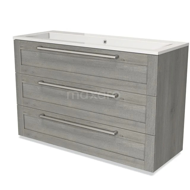 Grey wooden bathroom unit with three drawers, metal handles and white ceramic basin worktop, modern design.