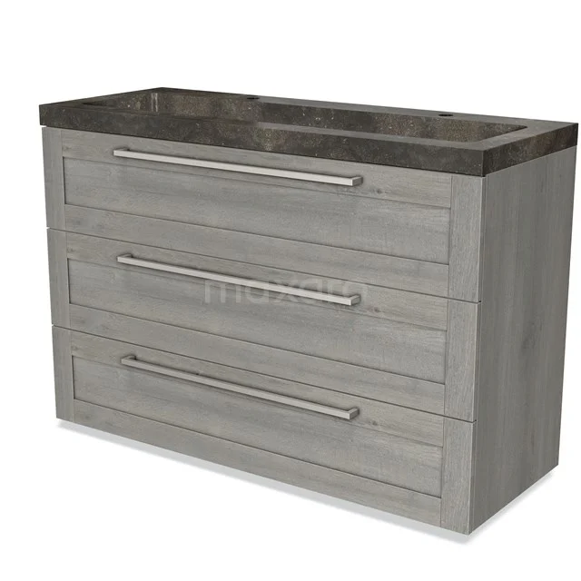 Grey wooden Bathroom unit with three drawers, metal handles and dark worktop, perfect for modern bathrooms.