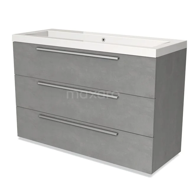 Grey bathroom furniture set with three drawers, modern design and white ceramic basin, ideal for stylish bathroom storage.