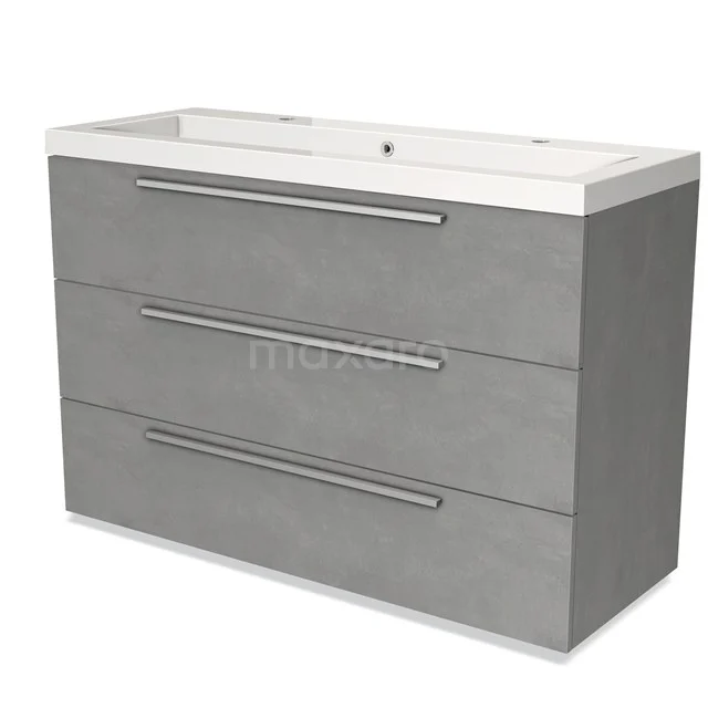 Modulo Bathroom furniture with sink | 120 cm Light grey concrete Flat front Mineral marble 3 drawers BMW19-01992 Grey bathroom unit with three drawers, modern design and white ceramic sink, perfect for stylish bathroom decor.