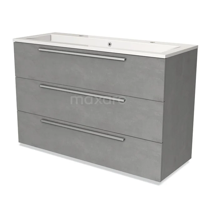 Grey bathroom unit with three drawers, wood-look finish, modern style, including white vanity units with basin.