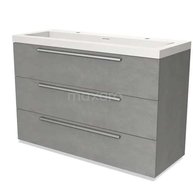 Modulo Vanity units with basin | 120 cm Light grey concrete Flat front Solid surface 3 drawers BMW19-01995 Grey bathroom cabinet with three drawers, modern design and ceramic basin, ideal for stylish bathroom storage.