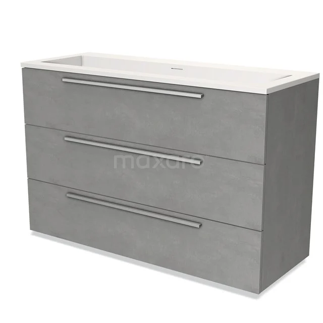 Grauer Badschrank mit drei Schubladen, Betonlook, metallischen Haltegriffen und integriertem Waschbecken. Modernes und funktionales Design.
