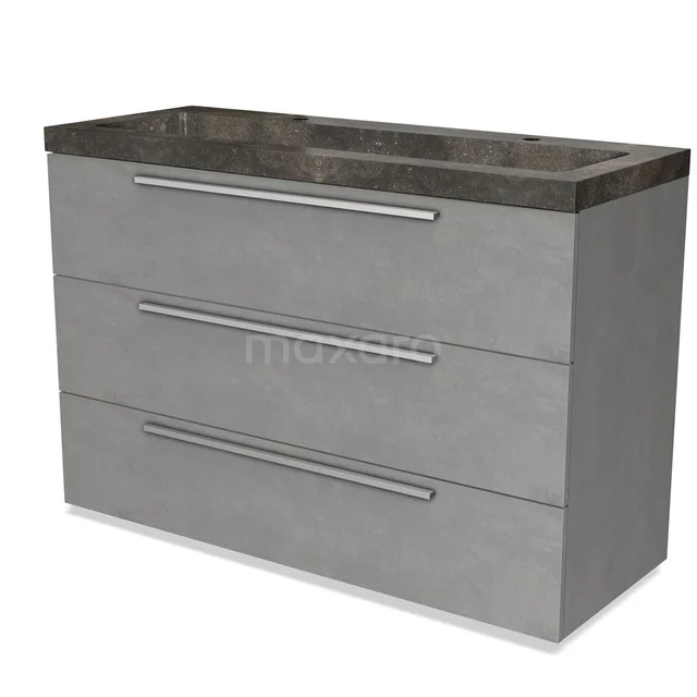 Grey vanity unit with concrete look, sleek drawer handles and natural stone basin worktop, ideal for modern bathrooms.