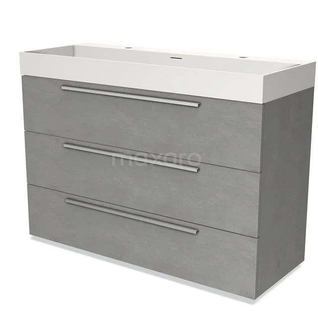 Grey Bathroom unit with 3 drawers and white vanity units with basin, sleek metal handles, ideal for modern bathrooms.