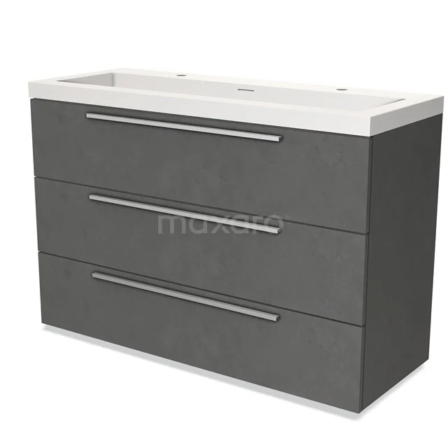 Modulo Vanity units with basin | 120 cm Dark grey concrete Flat front Solid surface 3 drawers BMW19-02008 Grey bathroom furniture set with three drawers, modern finish, with white basin for optimal storage space in the bathroom.